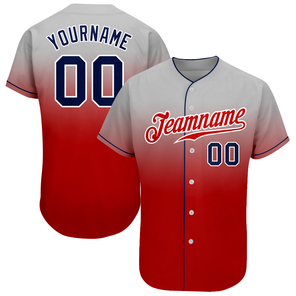 Custom Gray Navy-Red Authentic Fade Fashion Baseball Jersey