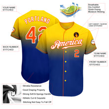 Load image into Gallery viewer, Custom Yellow Orange-Royal Authentic Fade Fashion Baseball Jersey
