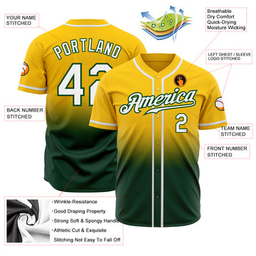 Custom Yellow White-Green Authentic Fade Fashion Baseball Jersey