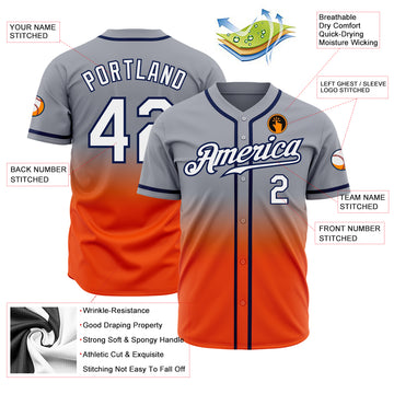 Custom Gray White Orange-Navy Authentic Fade Fashion Baseball Jersey