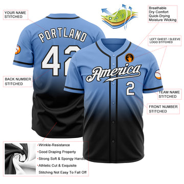 Custom Light Blue White-Black Authentic Fade Fashion Baseball Jersey