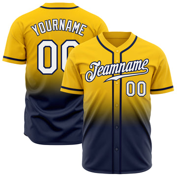 Custom Yellow White-Navy Authentic Fade Fashion Baseball Jersey