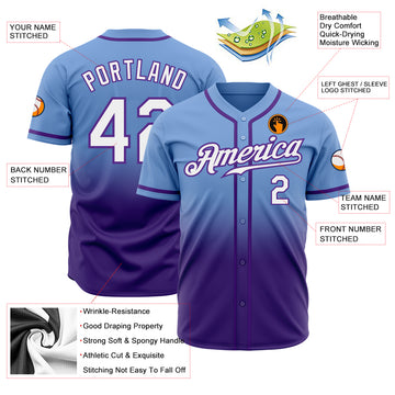 Custom Light Blue White-Purple Authentic Fade Fashion Baseball Jersey