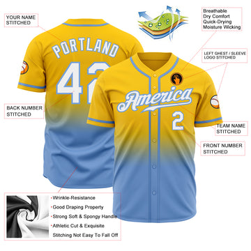 Custom Yellow White-Light Blue Authentic Fade Fashion Baseball Jersey