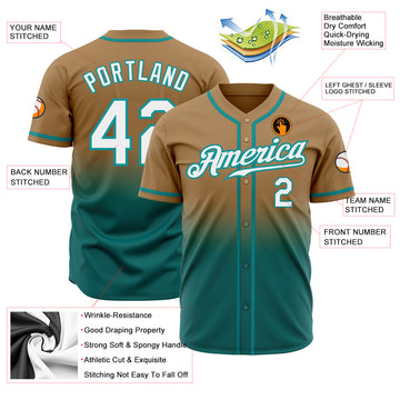 Custom Old Gold White-Teal Authentic Fade Fashion Baseball Jersey