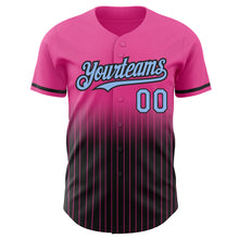 Load image into Gallery viewer, Custom Pink Pinstripe Light Blue-Black Authentic Fade Fashion Baseball Jersey
