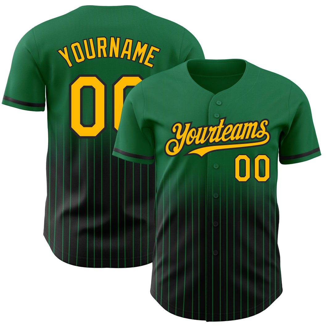 Custom Kelly Green Pinstripe Gold-Black Authentic Fade Fashion Baseball Jersey