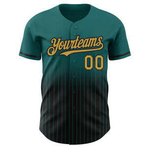 Custom Teal Pinstripe Old Gold-Black Authentic Fade Fashion Baseball Jersey