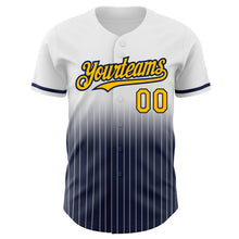 Load image into Gallery viewer, Custom White Pinstripe Gold-Navy Authentic Fade Fashion Baseball Jersey
