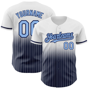 Custom White Pinstripe Light Blue-Navy Authentic Fade Fashion Baseball Jersey