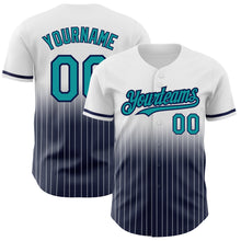 Load image into Gallery viewer, Custom White Pinstripe Teal-Navy Authentic Fade Fashion Baseball Jersey
