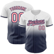 Load image into Gallery viewer, Custom White Pinstripe Medium Pink-Navy Authentic Fade Fashion Baseball Jersey
