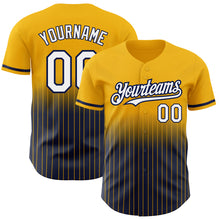 Load image into Gallery viewer, Custom Gold Pinstripe White-Navy Authentic Fade Fashion Baseball Jersey
