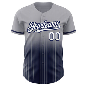 Custom Gray Pinstripe White-Navy Authentic Fade Fashion Baseball Jersey