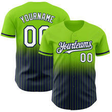 Load image into Gallery viewer, Custom Neon Green Pinstripe White-Navy Authentic Fade Fashion Baseball Jersey
