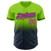 Load image into Gallery viewer, Custom Neon Green Pinstripe Pink-Navy Authentic Fade Fashion Baseball Jersey
