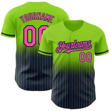 Load image into Gallery viewer, Custom Neon Green Pinstripe Pink-Navy Authentic Fade Fashion Baseball Jersey
