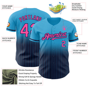 Custom Sky Blue Pinstripe Pink-Navy Authentic Fade Fashion Baseball Jersey