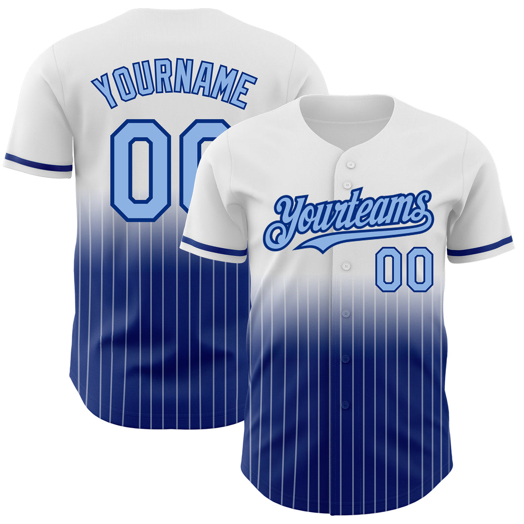 Custom White Pinstripe Light Blue-Royal Authentic Fade Fashion Baseball Jersey