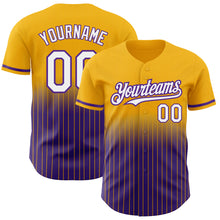 Load image into Gallery viewer, Custom Gold Pinstripe White-Purple Authentic Fade Fashion Baseball Jersey
