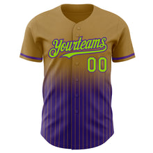 Load image into Gallery viewer, Custom Old Gold Pinstripe Neon Green-Purple Authentic Fade Fashion Baseball Jersey
