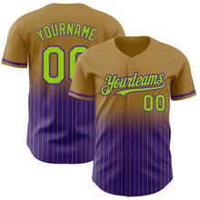 Load image into Gallery viewer, Custom Old Gold Pinstripe Neon Green-Purple Authentic Fade Fashion Baseball Jersey
