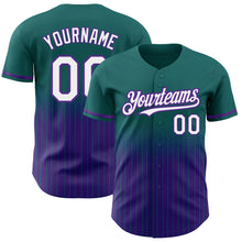 Load image into Gallery viewer, Custom Teal Pinstripe White-Purple Authentic Fade Fashion Baseball Jersey
