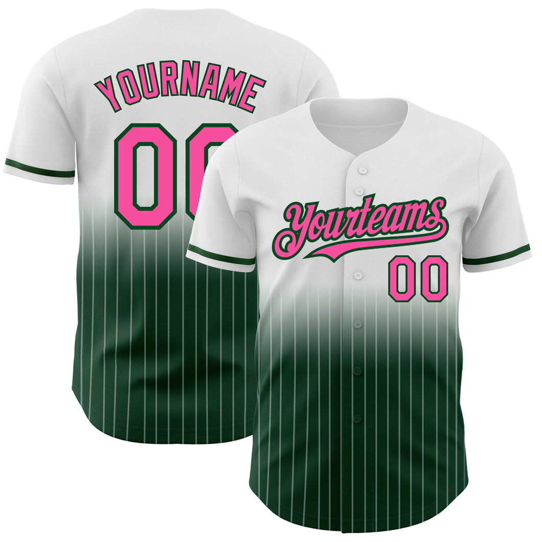 Custom White Pinstripe Pink-Green Authentic Fade Fashion Baseball Jersey