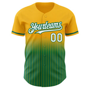 Custom Gold Pinstripe White-Kelly Green Authentic Fade Fashion Baseball Jersey