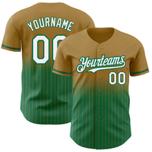 Load image into Gallery viewer, Custom Old Gold Pinstripe White-Kelly Green Authentic Fade Fashion Baseball Jersey
