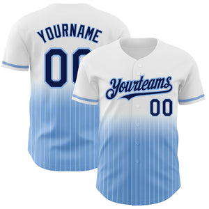 Custom White Pinstripe Navy-Light Blue Authentic Fade Fashion Baseball Jersey