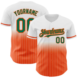 Custom White Pinstripe Kelly Green-Orange Authentic Fade Fashion Baseball Jersey