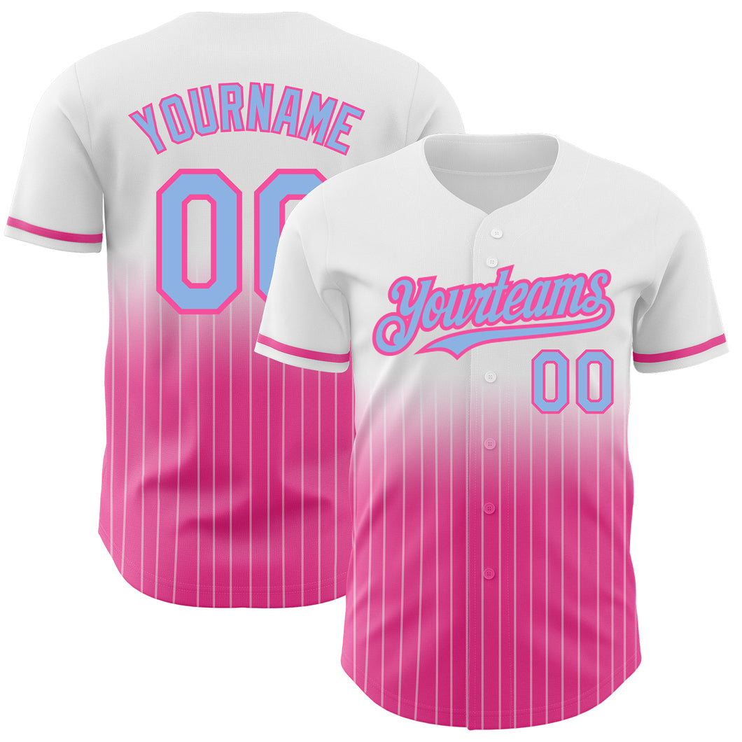 Custom White Pinstripe Light Blue-Pink Authentic Fade Fashion Baseball Jersey