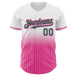 Custom White Pinstripe Kelly Green-Pink Authentic Fade Fashion Baseball Jersey