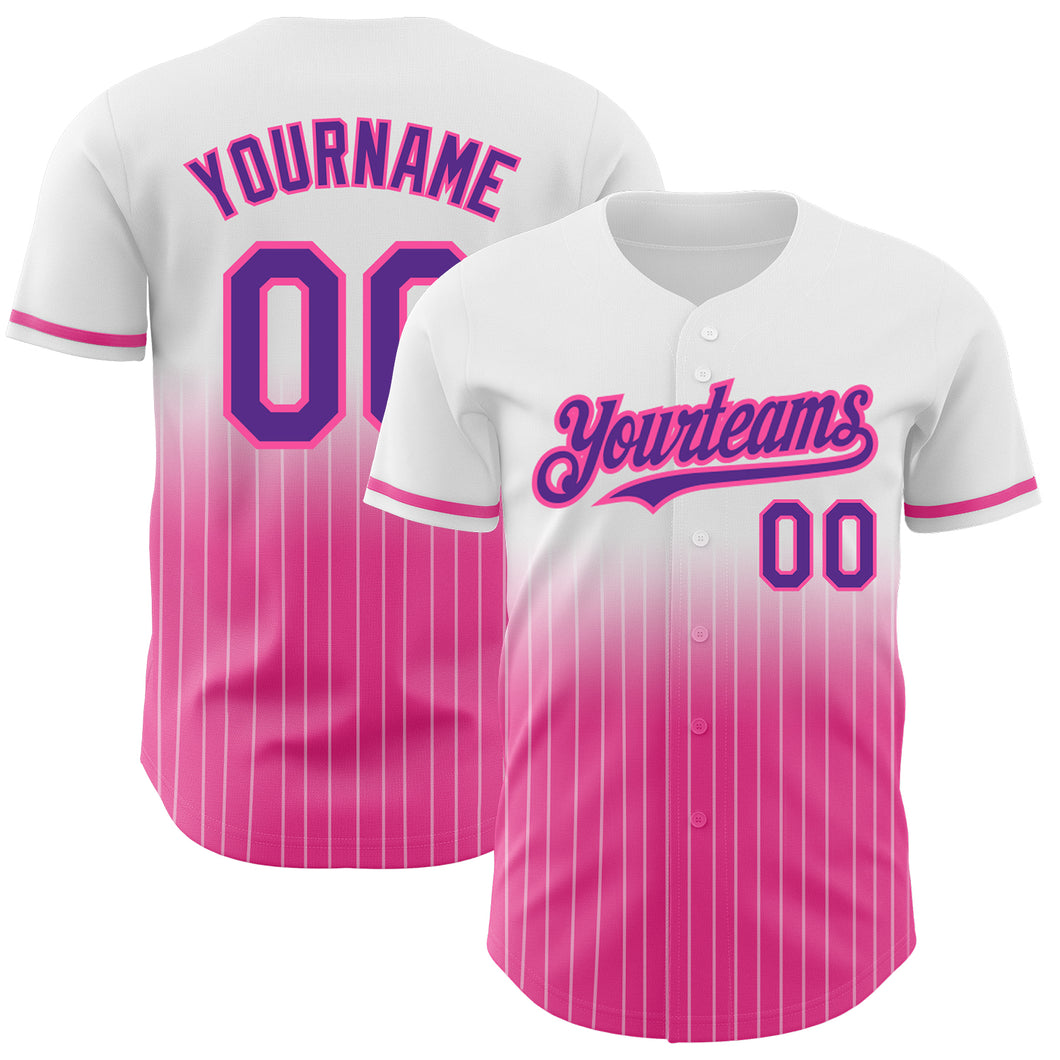 Custom White Pinstripe Purple-Pink Authentic Fade Fashion Baseball Jersey