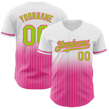 Load image into Gallery viewer, Custom White Pinstripe Neon Green-Pink Authentic Fade Fashion Baseball Jersey
