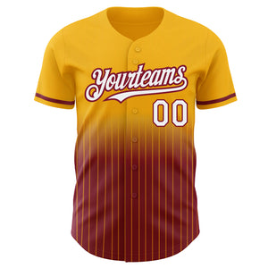 Custom Gold Pinstripe White-Crimson Authentic Fade Fashion Baseball Jersey