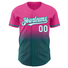 Load image into Gallery viewer, Custom Pink Pinstripe White-Teal Authentic Fade Fashion Baseball Jersey
