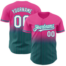 Load image into Gallery viewer, Custom Pink Pinstripe White-Teal Authentic Fade Fashion Baseball Jersey
