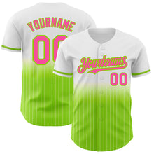 Load image into Gallery viewer, Custom White Pinstripe Pink-Neon Green Authentic Fade Fashion Baseball Jersey
