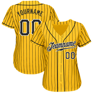 Custom Yellow Black Pinstripe Black-White Authentic Baseball Jersey