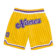 Load image into Gallery viewer, Custom Gold Black Pinstripe Purple-White Authentic Basketball Shorts
