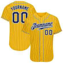 Load image into Gallery viewer, Custom Yellow Navy Pinstripe Navy-Light Blue Authentic Baseball Jersey
