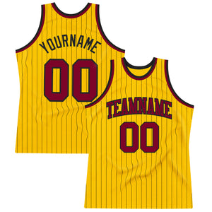 Custom Gold Black Pinstripe Maroon Authentic Basketball Jersey