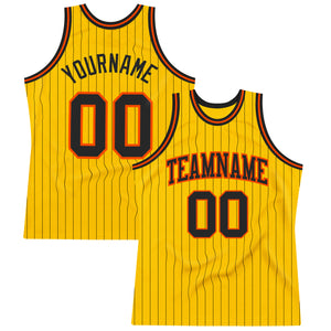 Custom Gold Black Pinstripe Black-Orange Authentic Basketball Jersey