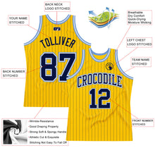 Load image into Gallery viewer, Custom Gold Navy Pinstripe Navy-Light Blue Authentic Basketball Jersey
