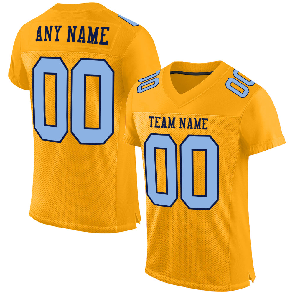 Custom Gold Light Blue-Navy Mesh Authentic Football Jersey