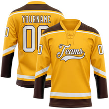 Load image into Gallery viewer, Custom Gold White-Brown Hockey Lace Neck Jersey
