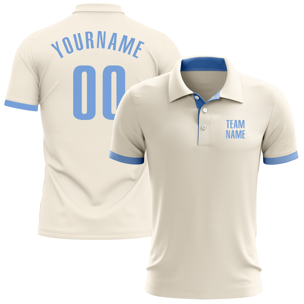 Custom Cream Light Blue Performance Golf Polo Shirt