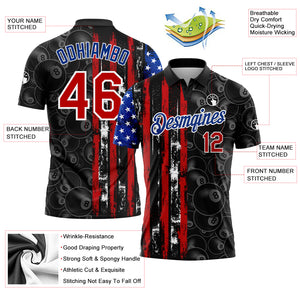 Custom Black Red-Royal 3D Pattern Design Billiards Snooker 8 Ball American Flag Performance Polo Shirt